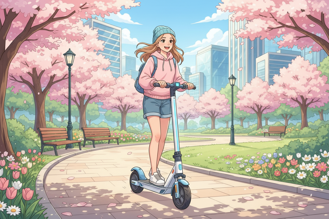 cartoon Anime-style illustration of a young adult rider on a modern electric scooter, riding through a clean urban park pathway. Bright daytime lighting, soft pastel colors, smooth line art, high detail. The rider is smiling, wearing casual streetwear, no helmet visor covering the face. The electric scooter looks realistic and modern. Background includes trees, flowers, and city elements. Style inspired by modern slice-of-life anime, professional, wholesome, and friendly. No text, no logos.